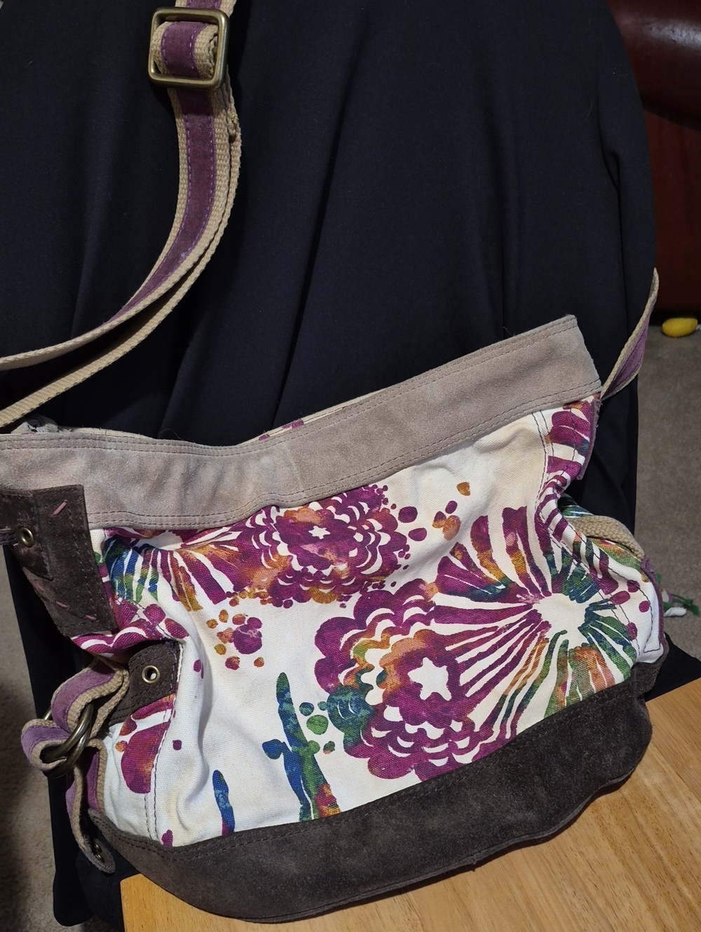Lucky Brand Purple Multi Floral Canvas & Suede Shoulder Bag